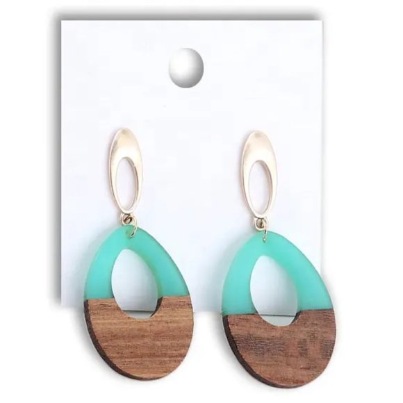 Teal Wooden Geometric Teardrop Earrings - Acrylic Resin Lightweight Wood - Picture 2 of 5